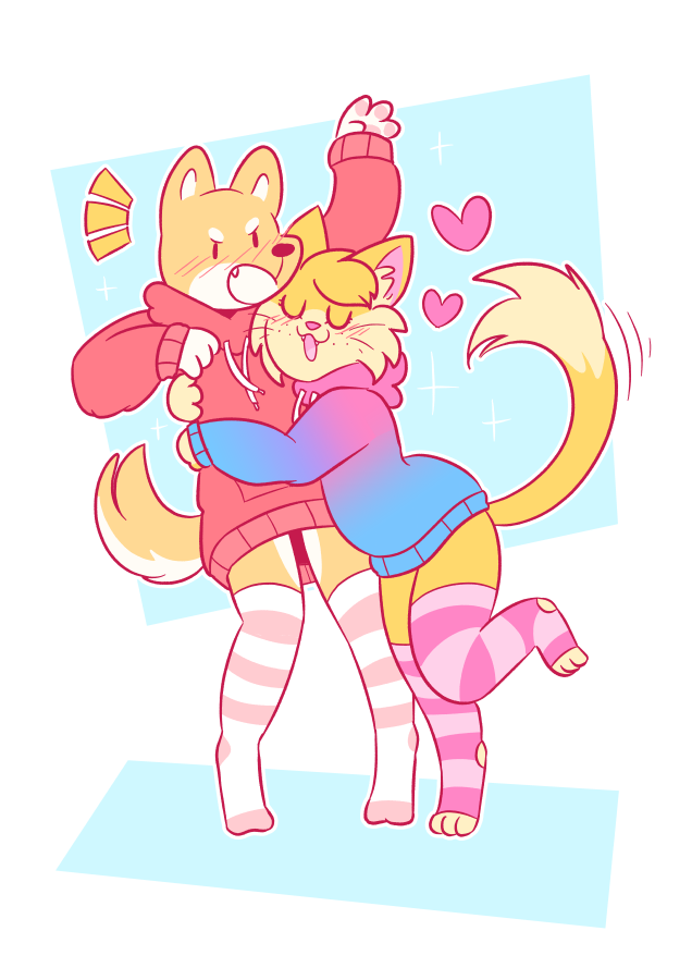 two furries hugging. one is a shiba inu (me) with a flustered expression and the other is a cat (bf) who looks very lovey